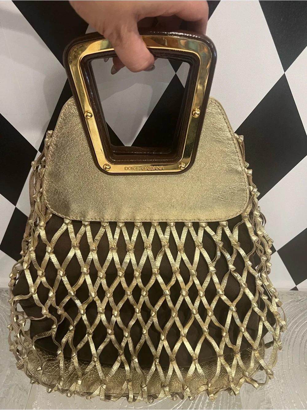 Dolce & Gabbana Gold Metallic Net Tote with Brown Interior Trim
